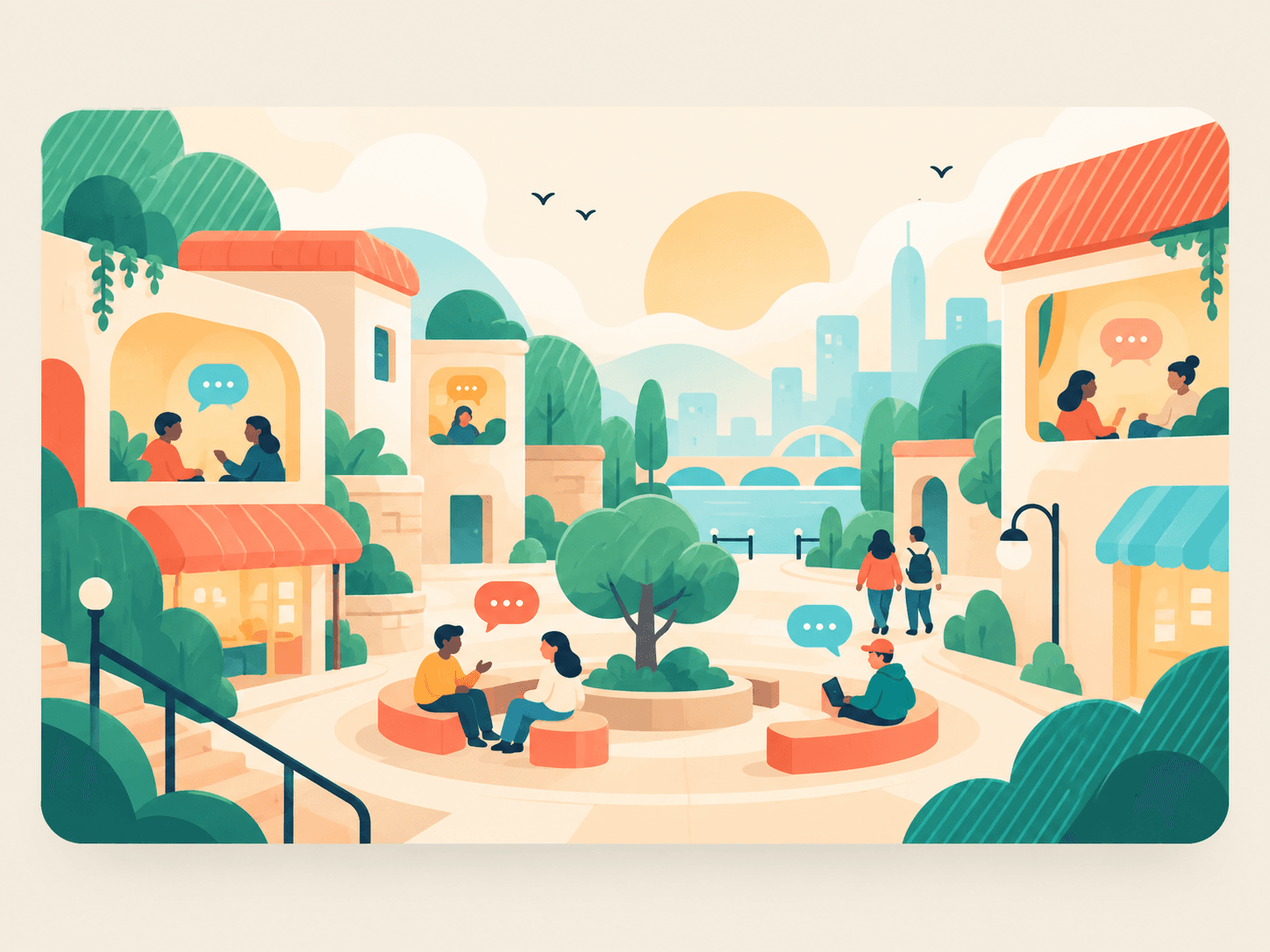 People chatting in a colorful community plaza